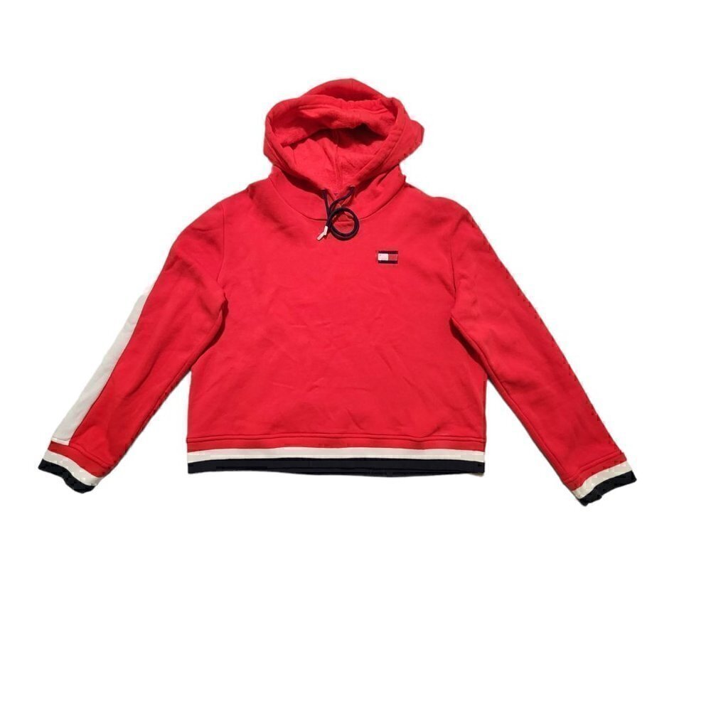 Tommy Hilfiger Womens Crop Sweatshirt Hooded Fleece Logo Flag Red Size Large